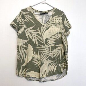 TAHARI Plus Size Green Cream Leaf Floral V-Neck Short Sleeve 100% Cotton T-Shirt